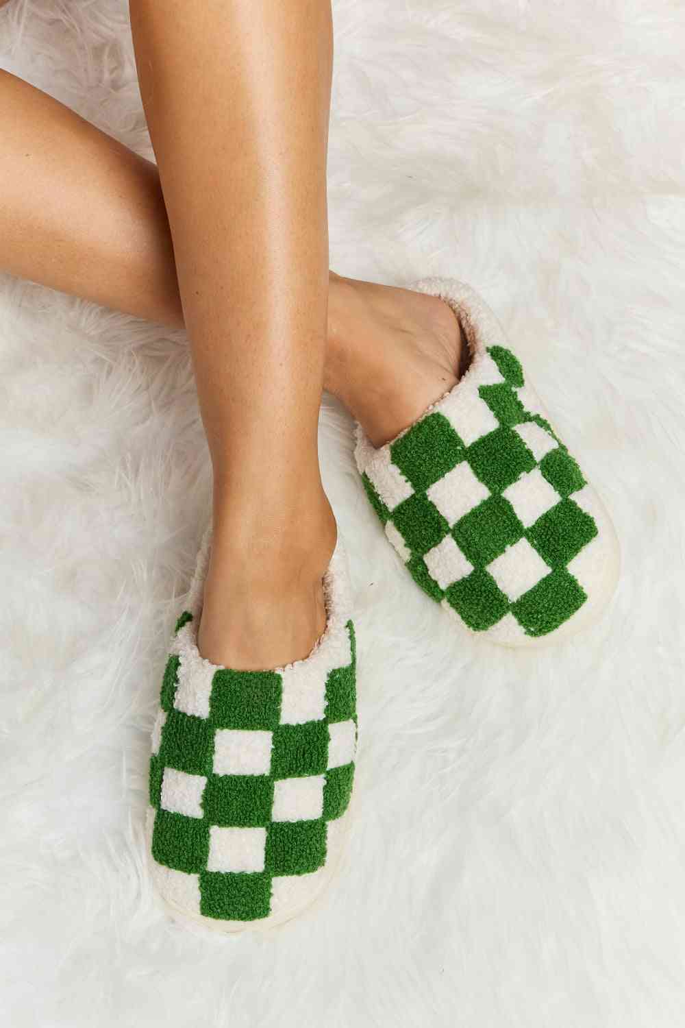 Melody Checkered Print Plush Slide Slippers - 4 Colors