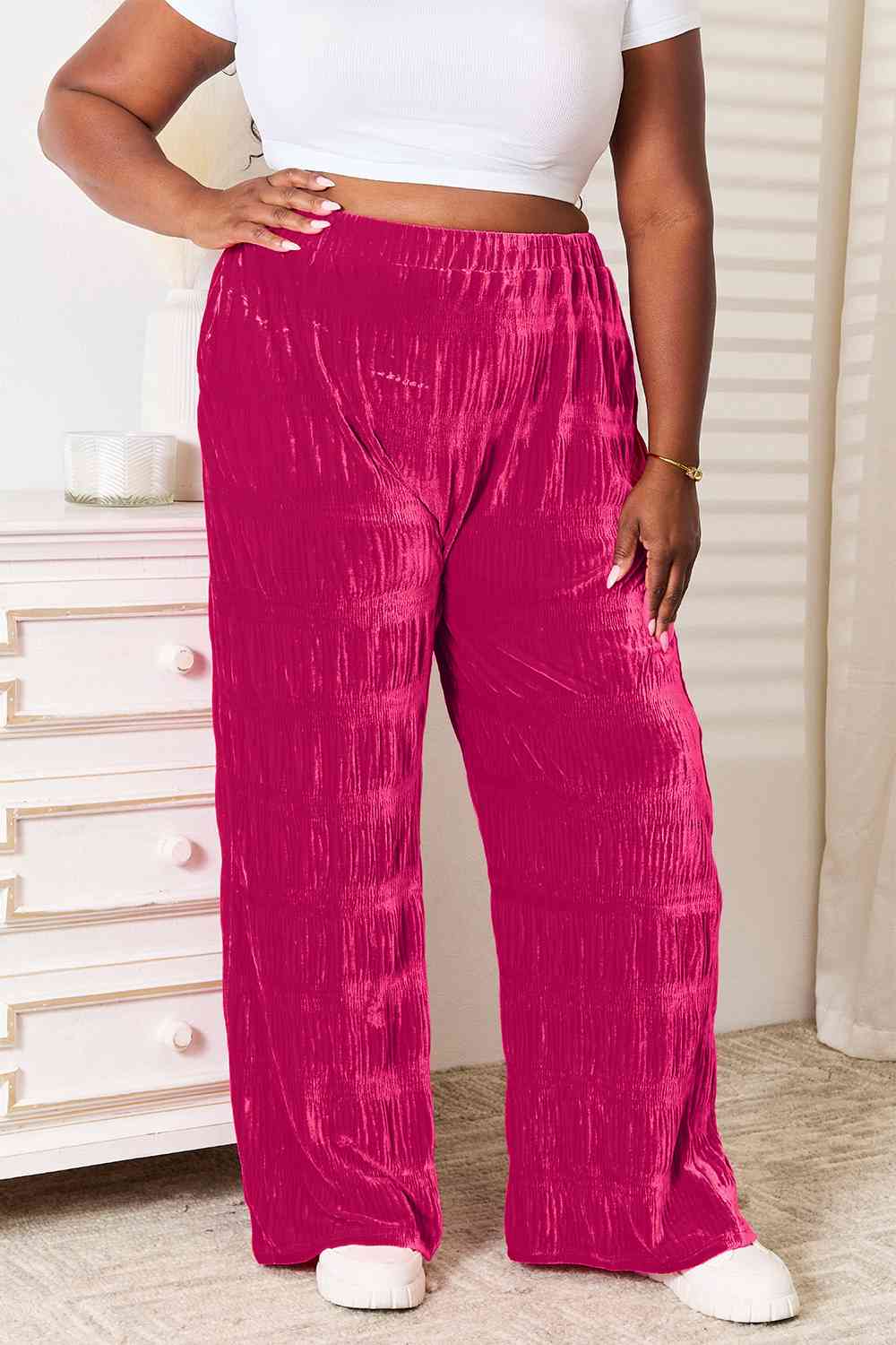 Double Take Full Size High Waist Tiered Shirring Velvet Wide Leg Pants - Shop All Around Divas