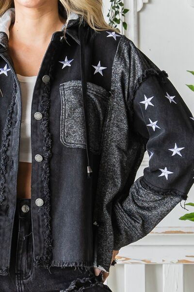 Veveret Star Embroidered Hooded Denim Jacket - Shop All Around Divas