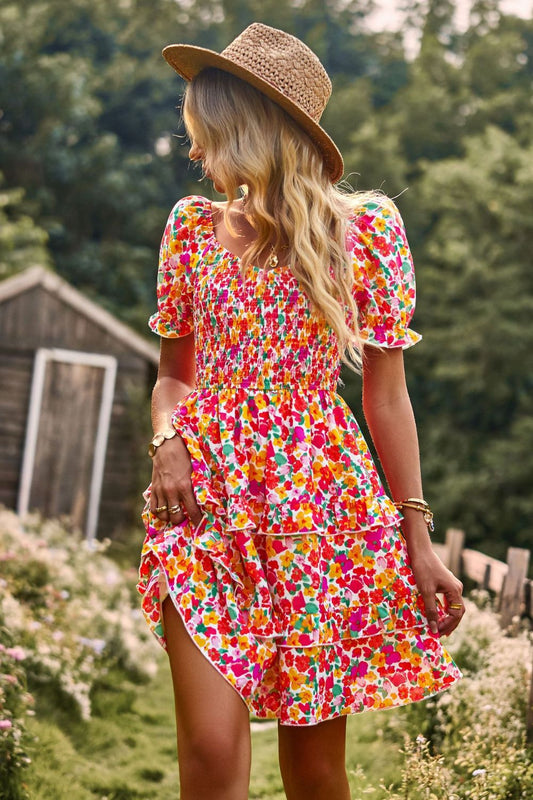 Smocked Sweetheart Neck Flounce Sleeve Mini Dress - 5 Colors