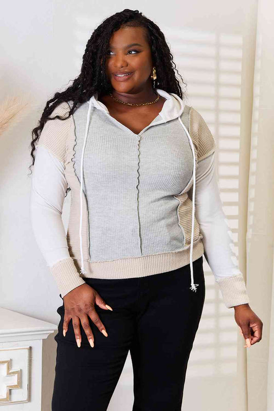 Double Take Color Block Exposed Seam Drawstring Hoodie - Shop All Around Divas