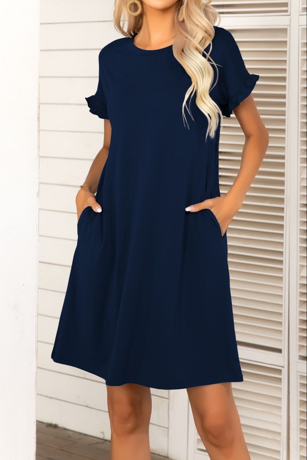 Flounce Sleeve Round Neck Dress with Pockets - Shop All Around Divas