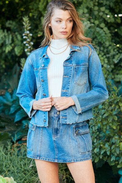 Veveret Button Up Raw Hem Denim Jacket - Shop All Around Divas