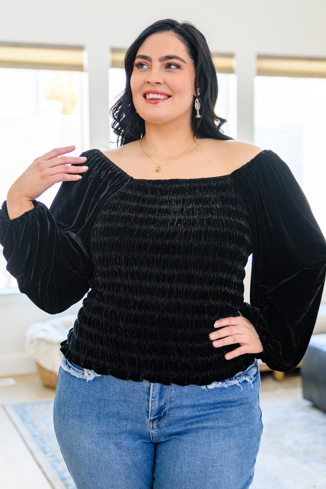 Believe In Miracles Smocked Velvet Top In Black - Shop All Around Divas