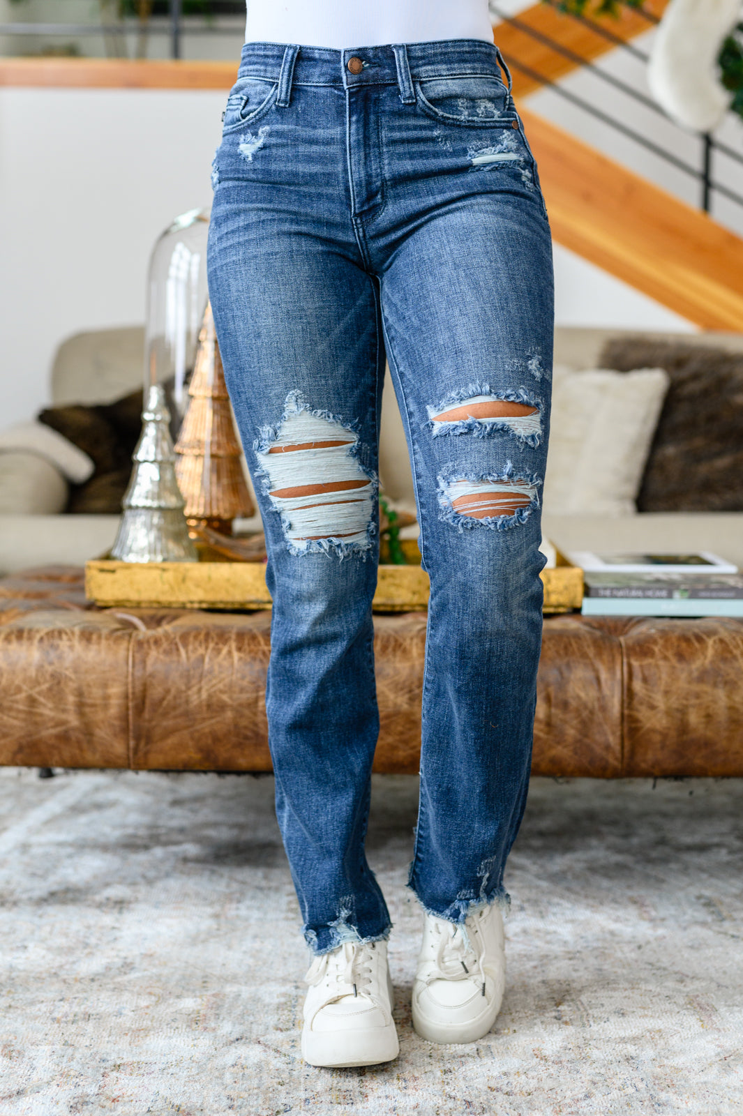 Christine High Contrast Slim Bootcut Destroyed Jeans - Shop All Around Divas