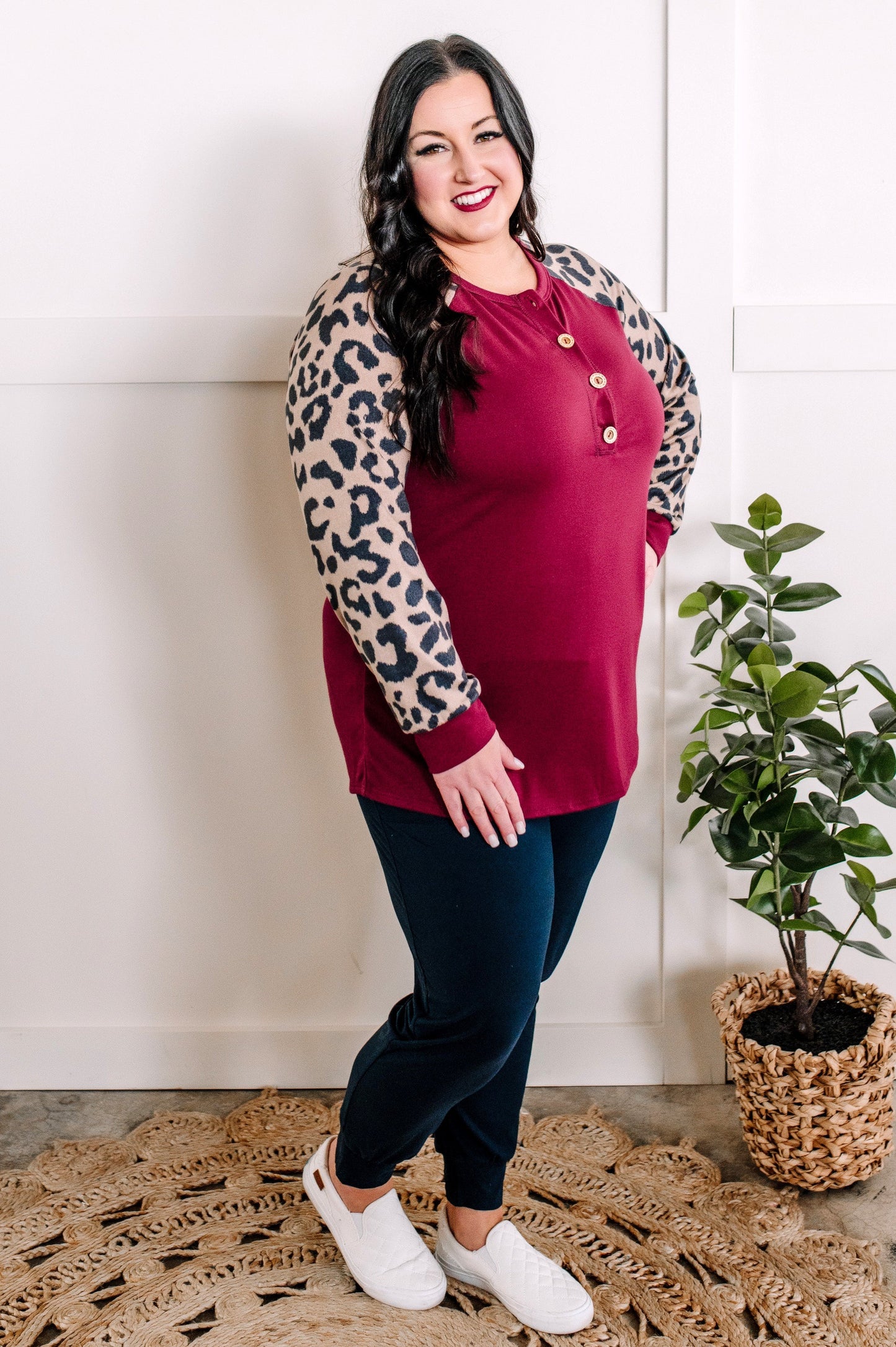 Long Sleeve Button Front Henley In Burgundy & Leopard