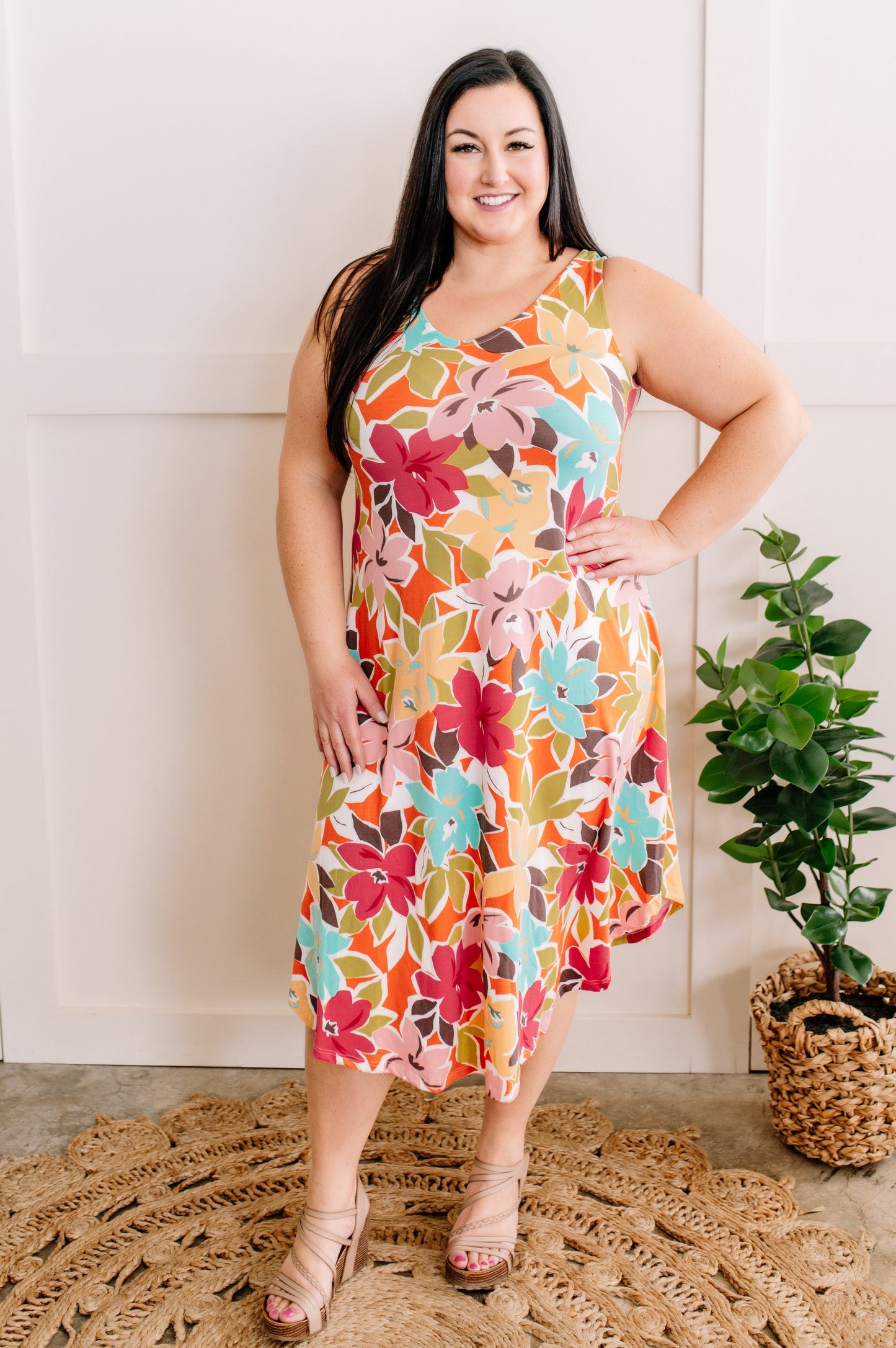 Sleeveless Midi Dress In Colorful Hibiscus Florals