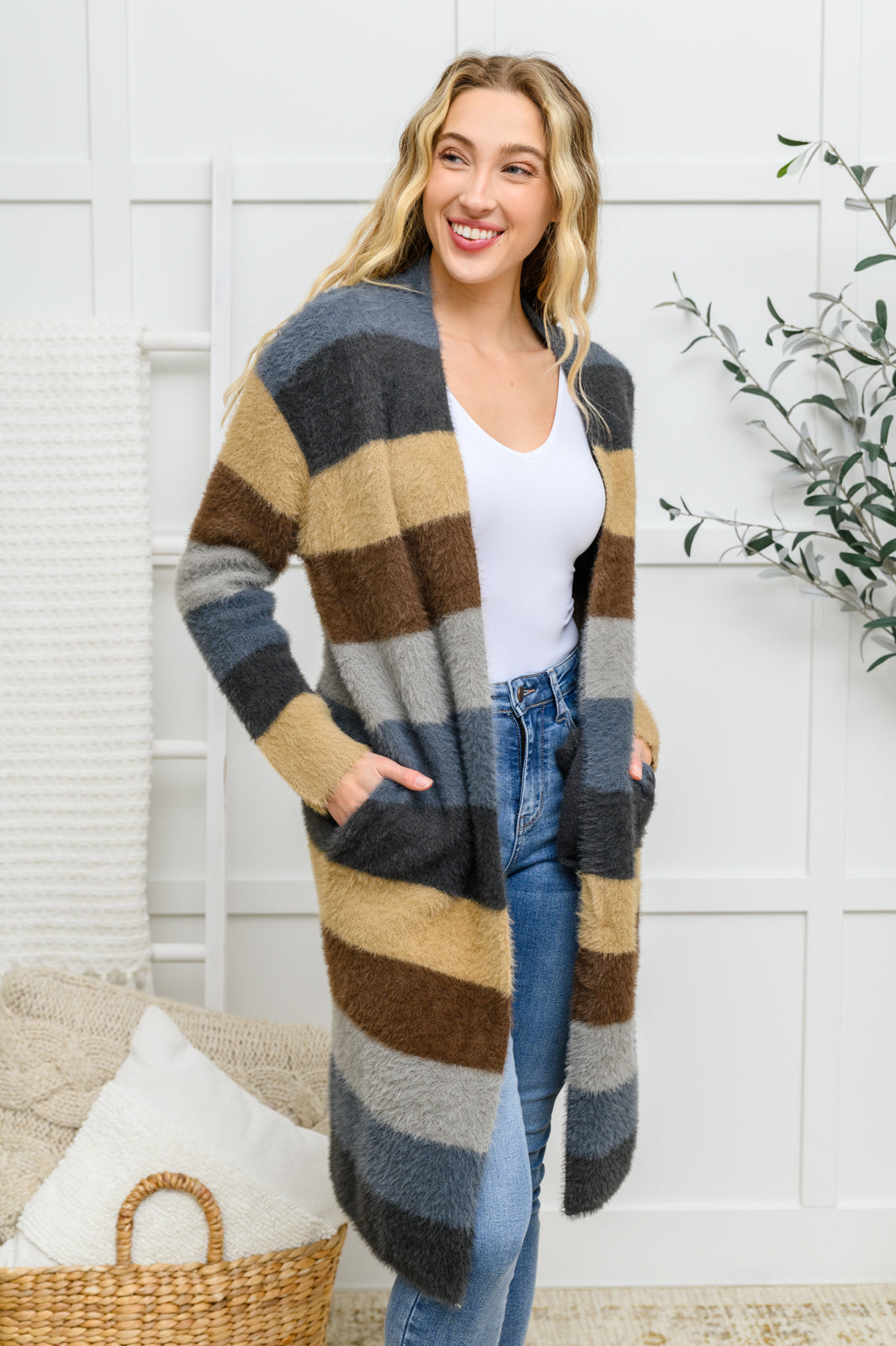 Fuzzy Longline Cardigan In Blue & Cocoa - Shop All Around Divas