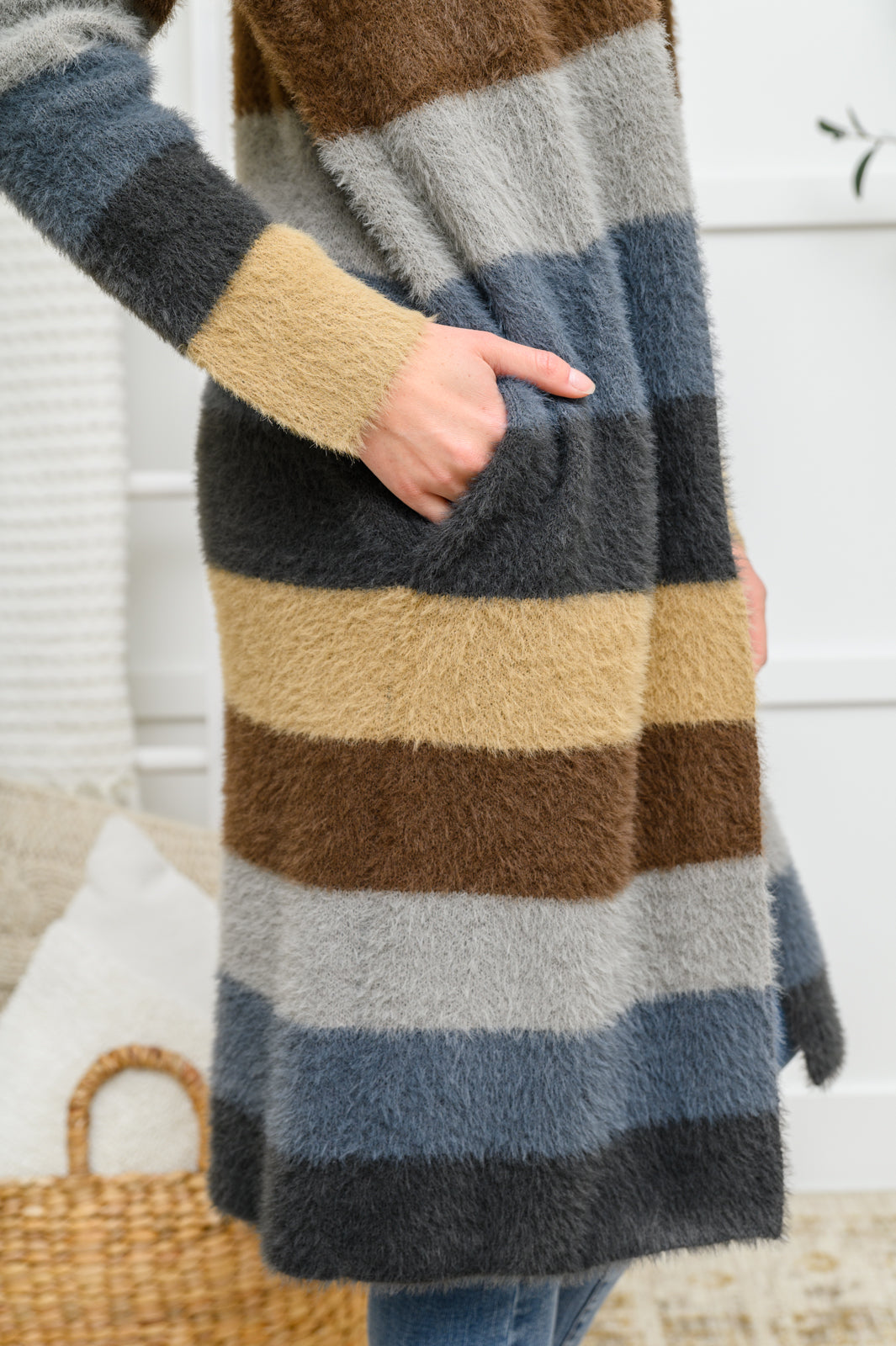 Fuzzy Longline Cardigan In Blue & Cocoa