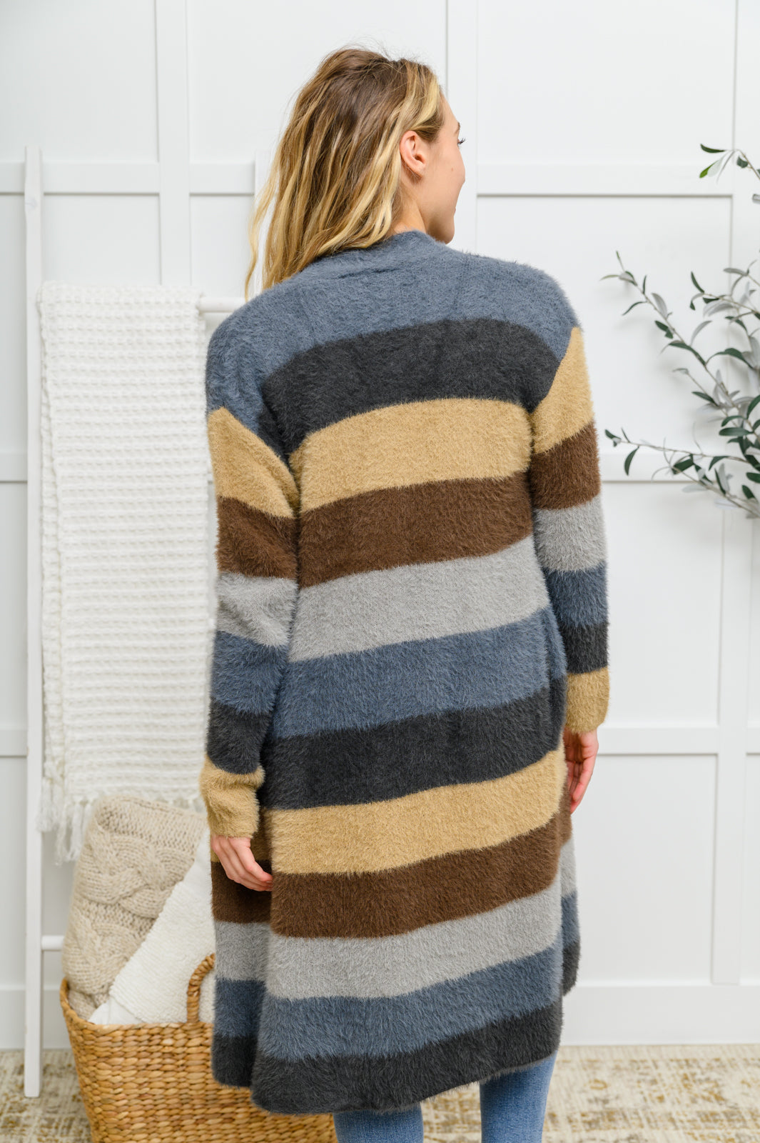 Fuzzy Longline Cardigan In Blue & Cocoa - Shop All Around Divas