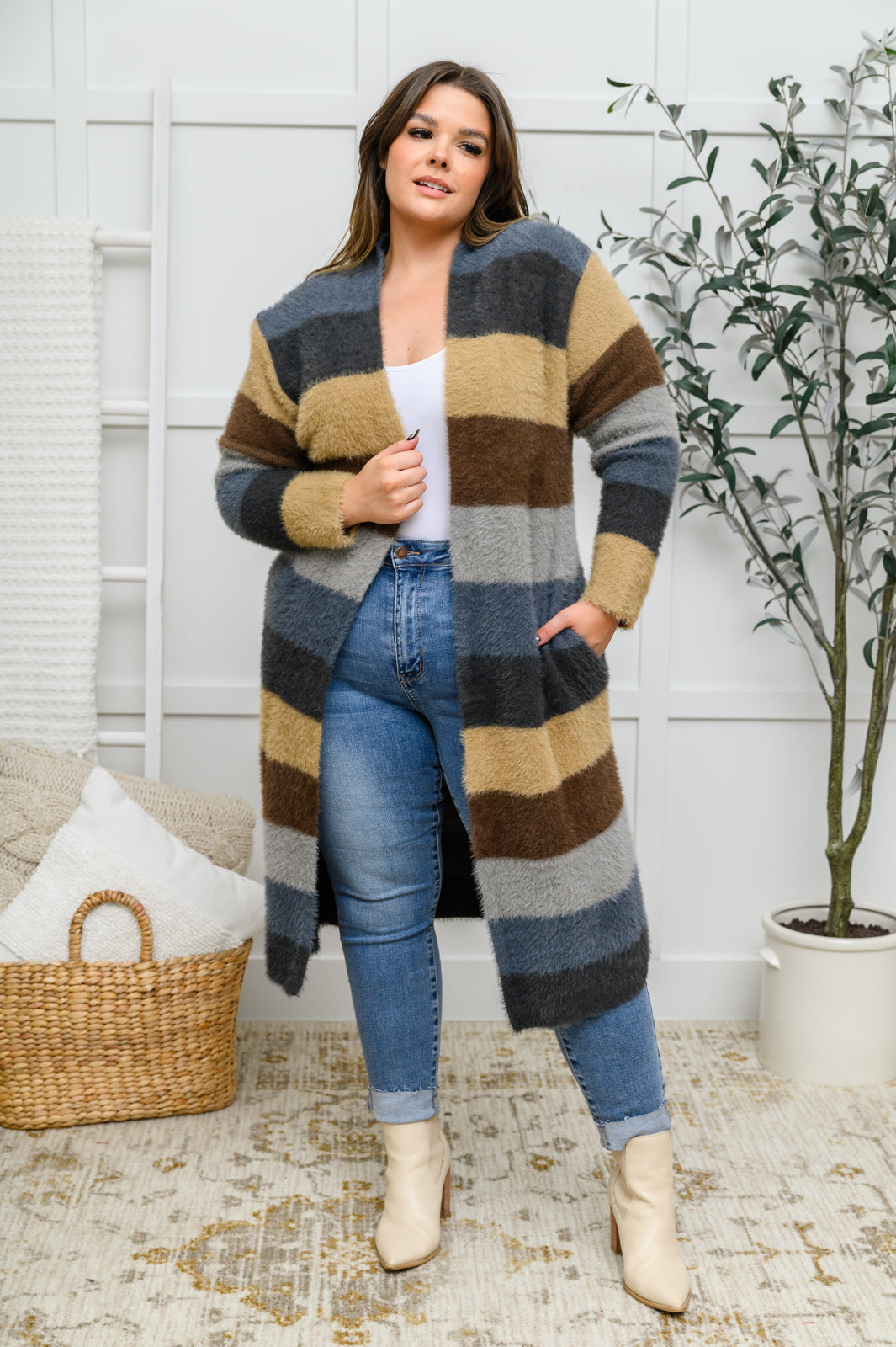 Fuzzy Longline Cardigan In Blue & Cocoa - Shop All Around Divas