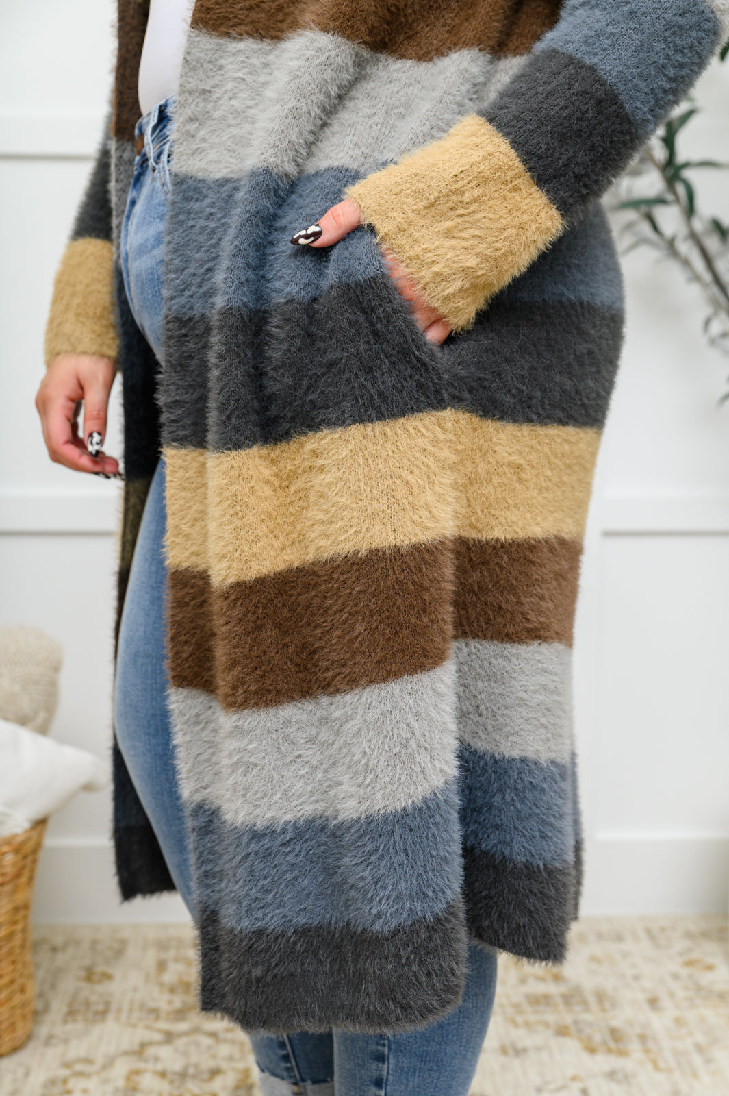 Fuzzy Longline Cardigan In Blue & Cocoa - Shop All Around Divas