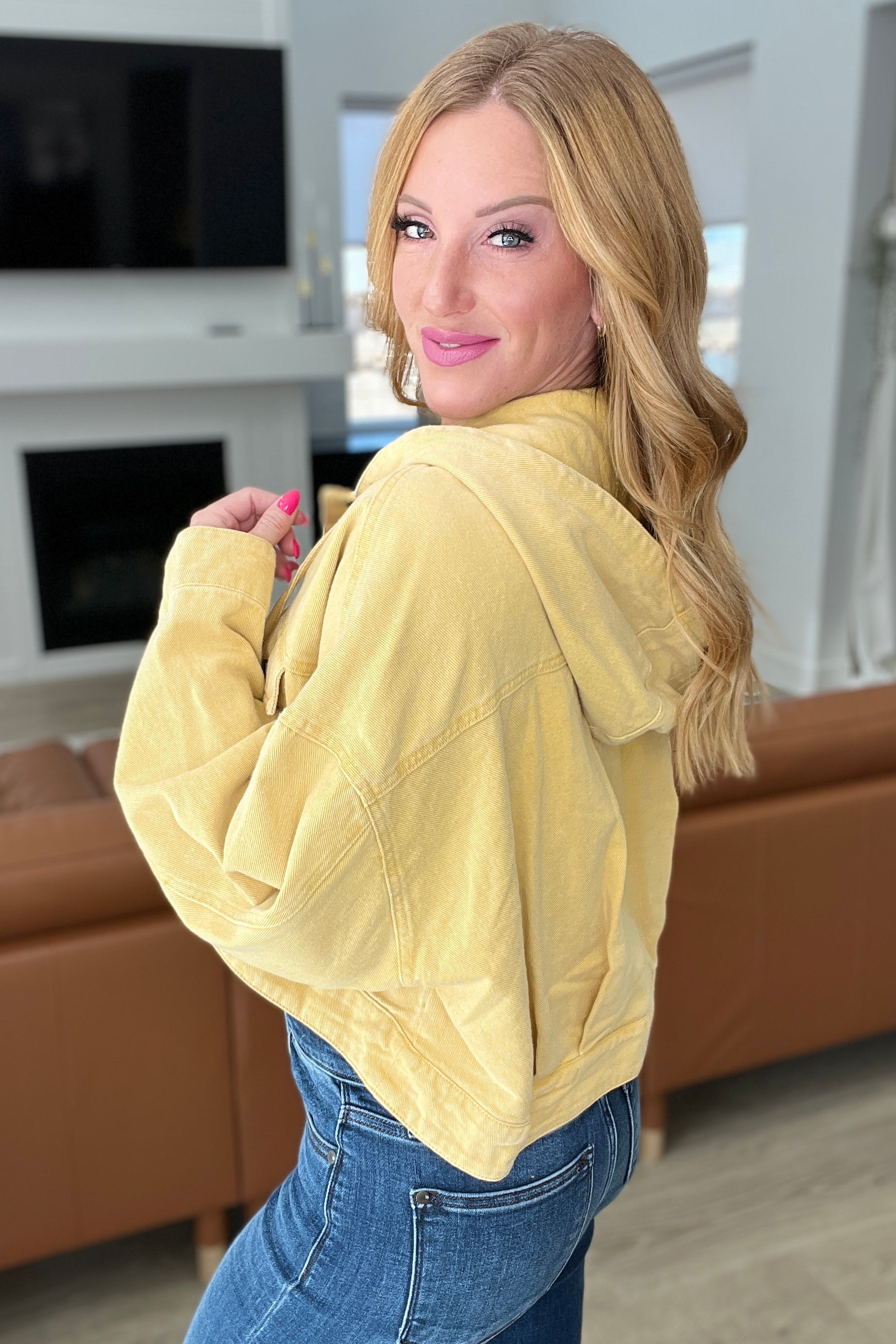 Cropped Hooded Denim Jacket in Mustard - Shop All Around Divas