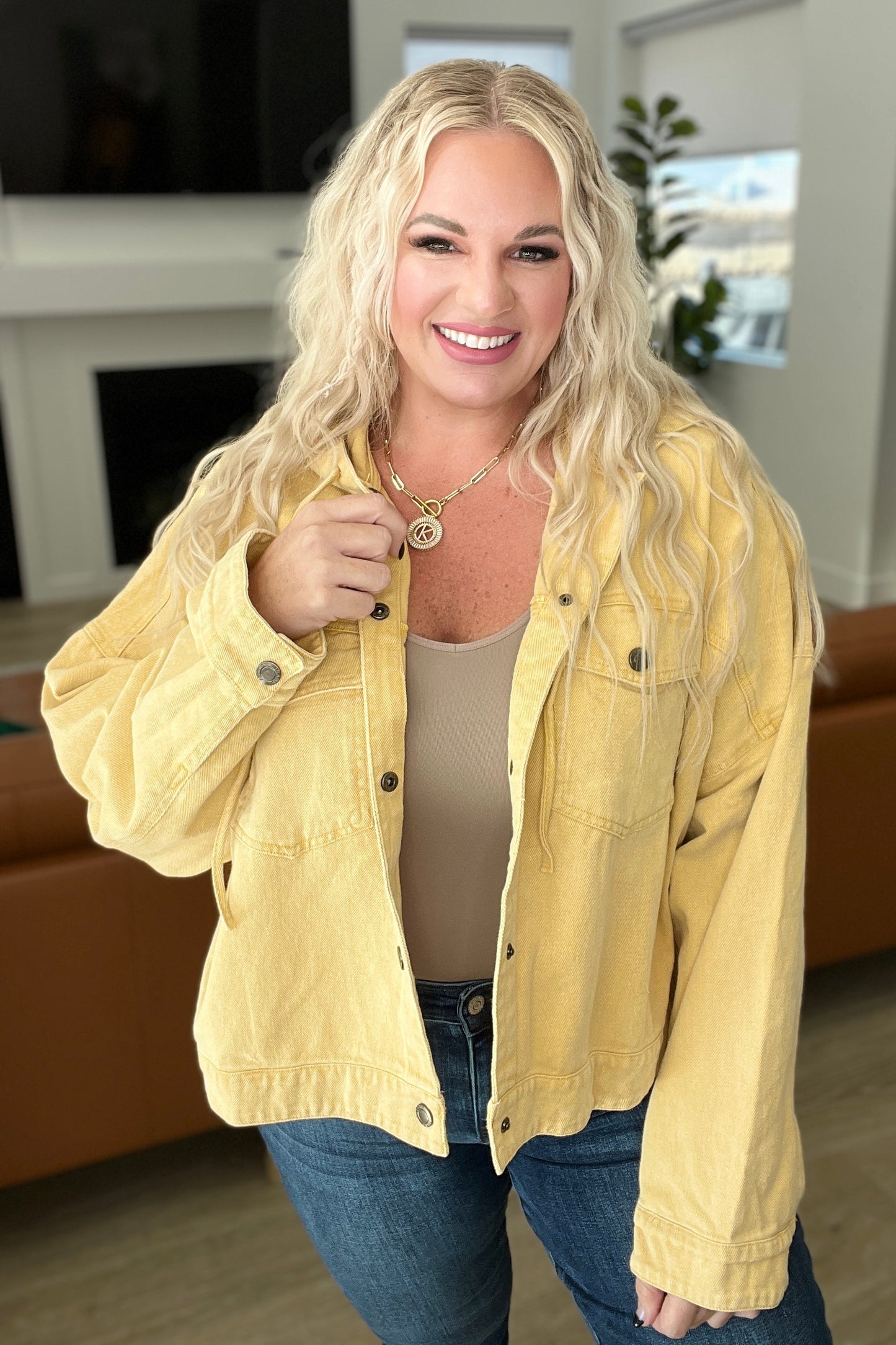 Cropped Hooded Denim Jacket in Mustard - Shop All Around Divas