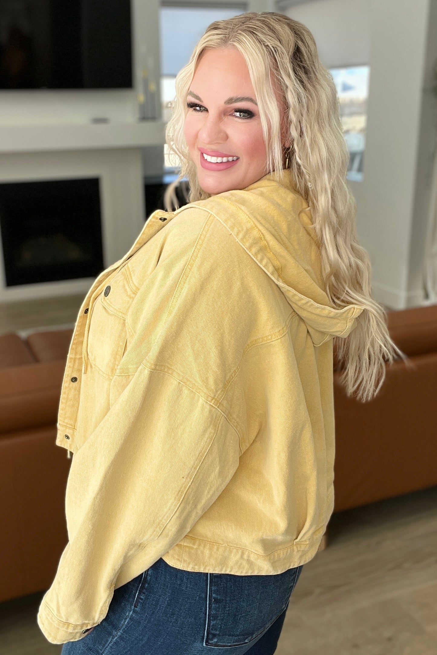 Cropped Hooded Denim Jacket in Mustard - Shop All Around Divas