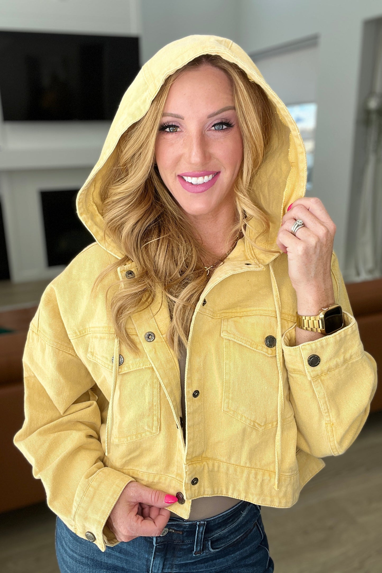 Cropped Hooded Denim Jacket in Mustard - Shop All Around Divas