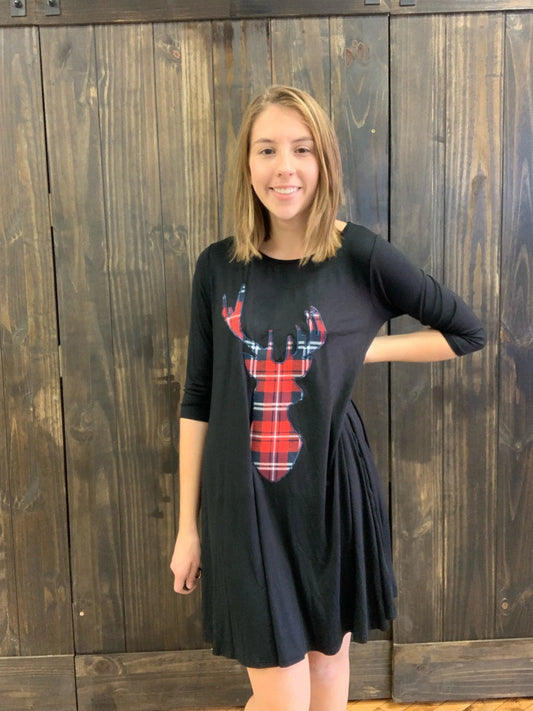 Black Dress with Plaid Deer