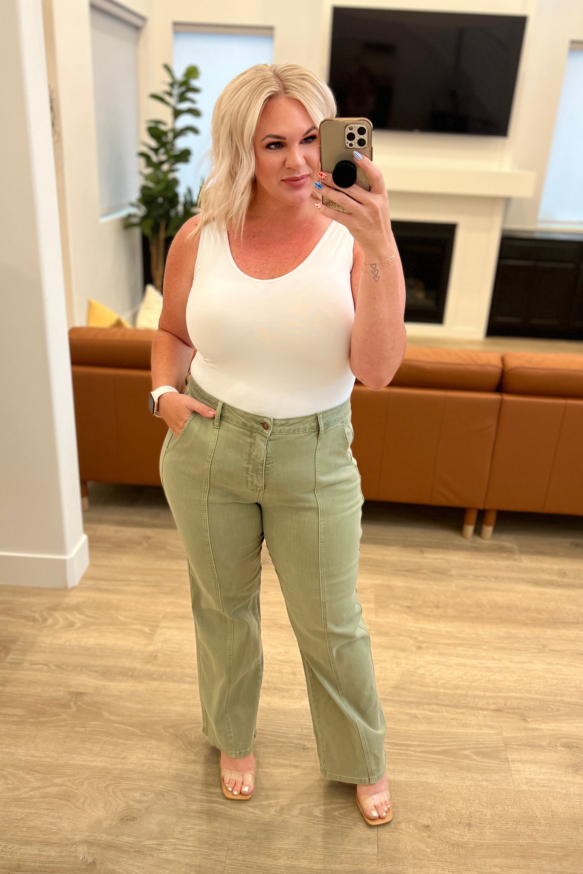 Phoebe High Rise Front Seam Straight Jeans in Sage - JUDY BLUE - Shop All Around Divas