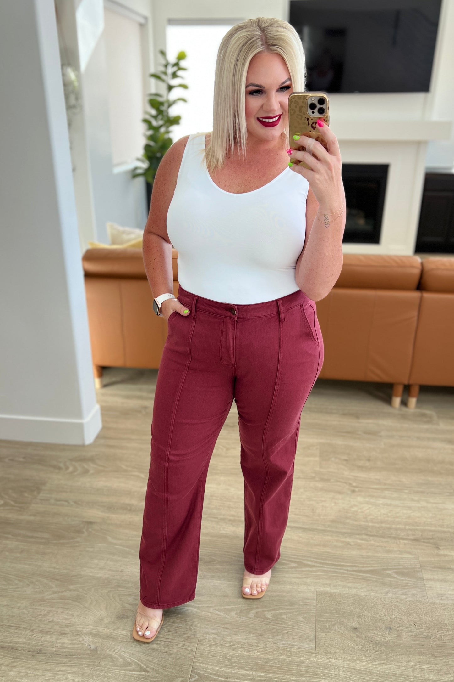 Phoebe High Rise Front Seam Straight Jeans in Burgundy - JUDY BLUE - Shop All Around Divas