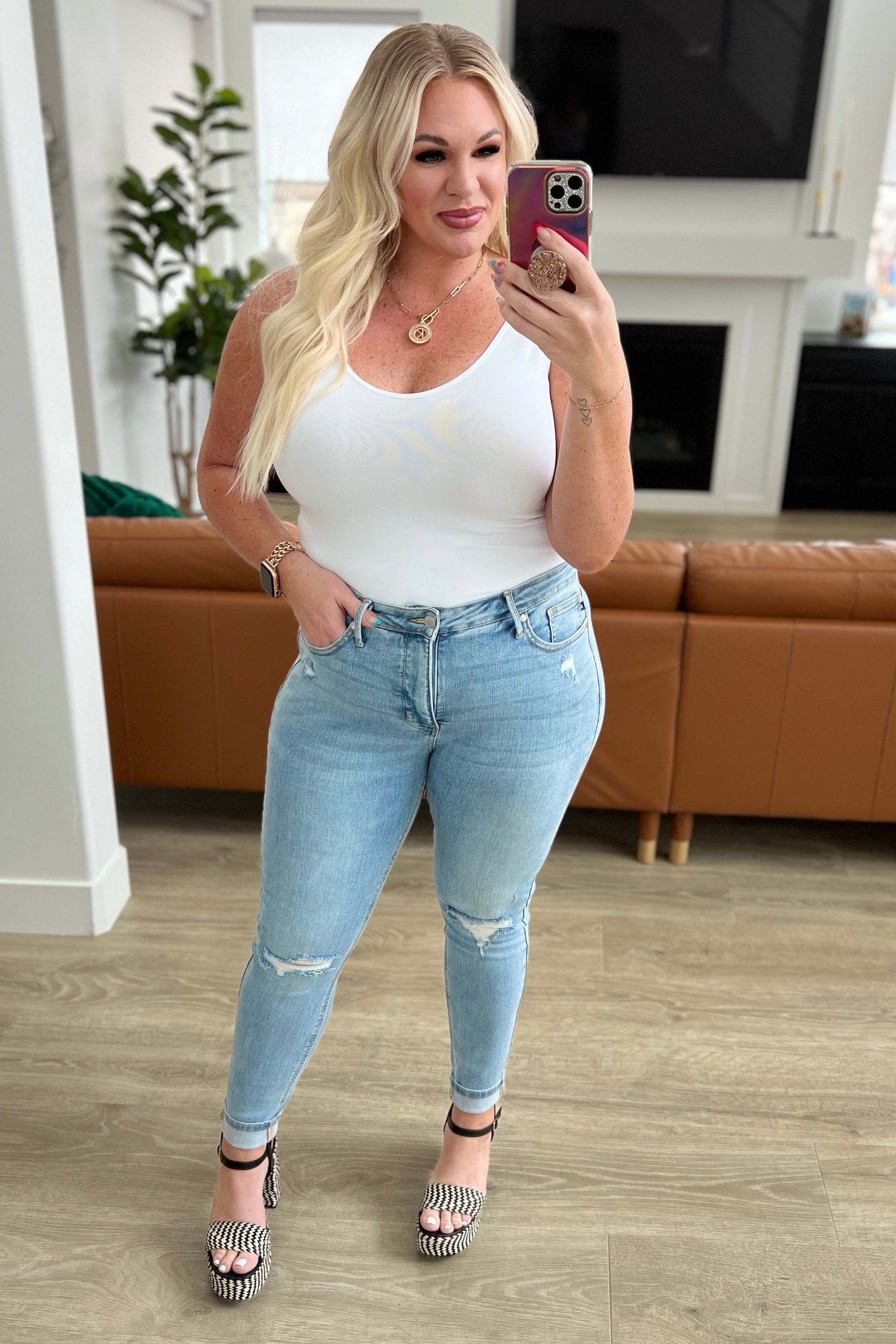 Eloise Mid Rise Control Top Distressed Skinny Jeans - JUDY BLUE - Shop All Around Divas