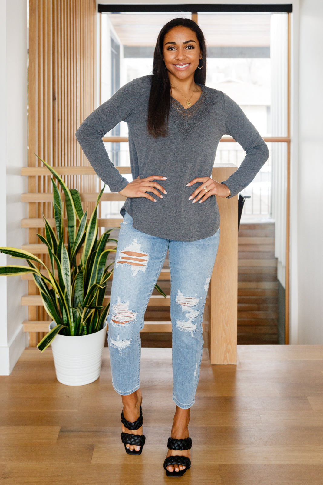 Lacey Long Sleeve V Neck In Gray - Shop All Around Divas