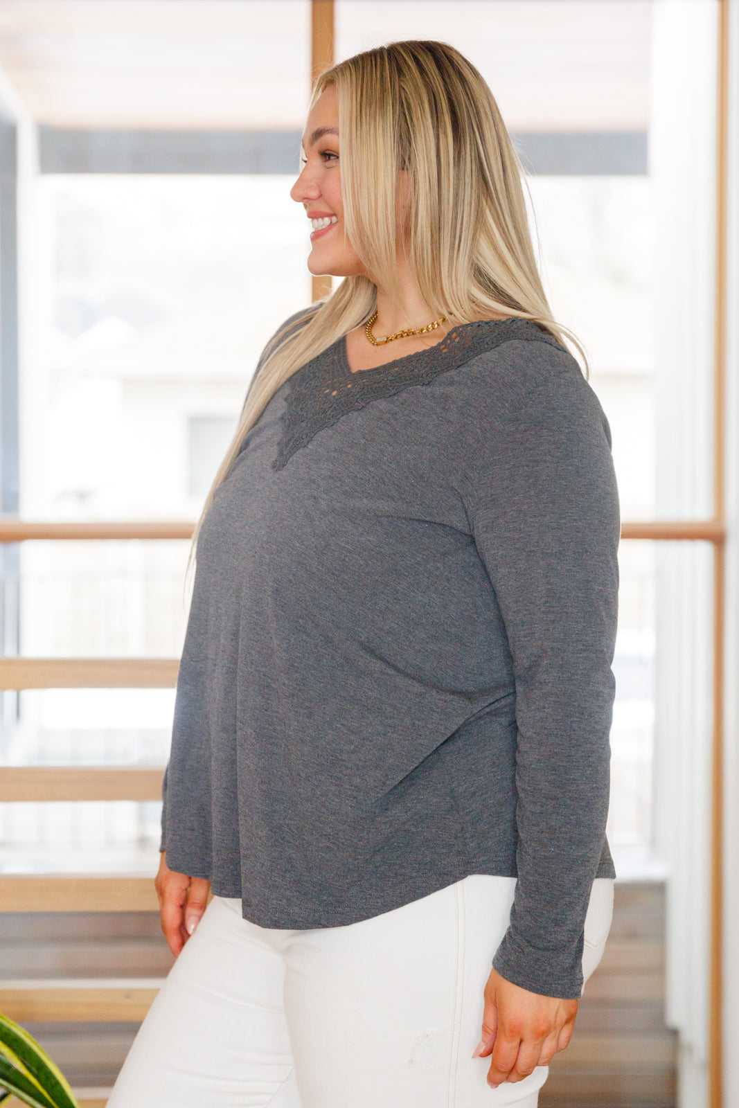 Lacey Long Sleeve V Neck In Gray - Shop All Around Divas