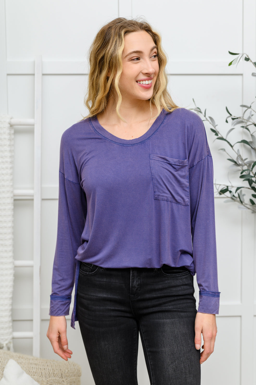 Long Sleeve Knit Top With Pocket In Denim Blue - Shop All Around Divas