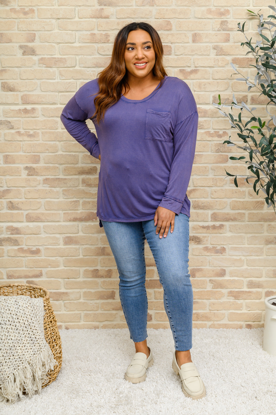 Long Sleeve Knit Top With Pocket In Denim Blue - Shop All Around Divas