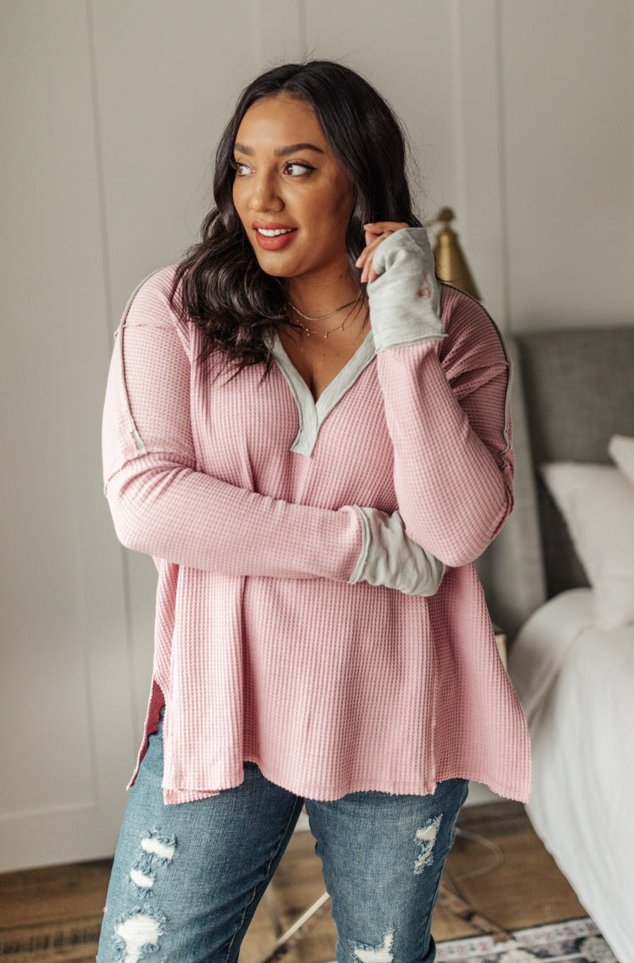 Mia Waffle Knit Long Sleeve In Pink - Shop All Around Divas