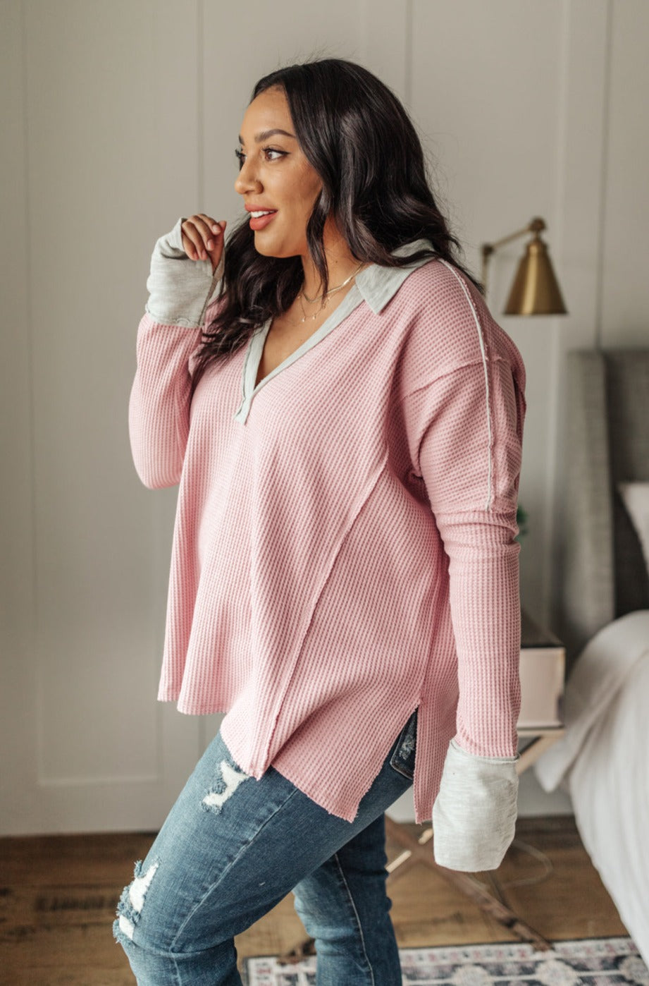 Mia Waffle Knit Long Sleeve In Pink - Shop All Around Divas