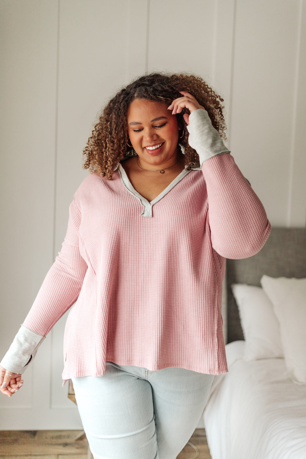 Mia Waffle Knit Long Sleeve In Pink - Shop All Around Divas