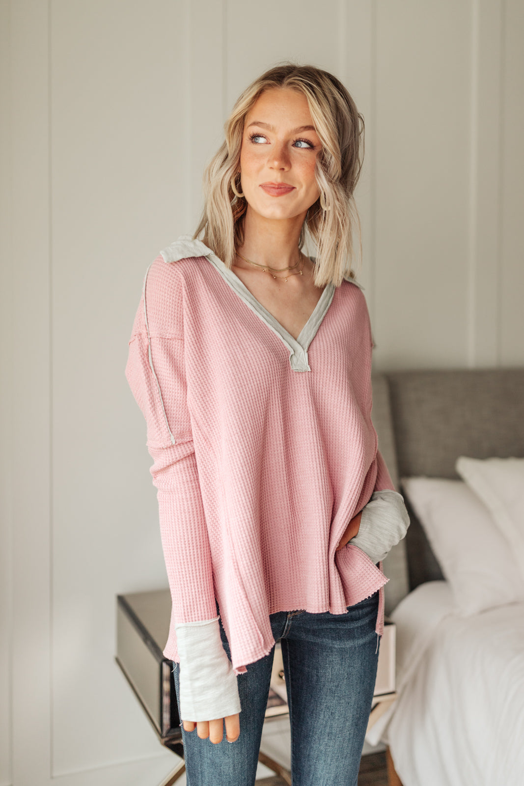 Mia Waffle Knit Long Sleeve In Pink - Shop All Around Divas