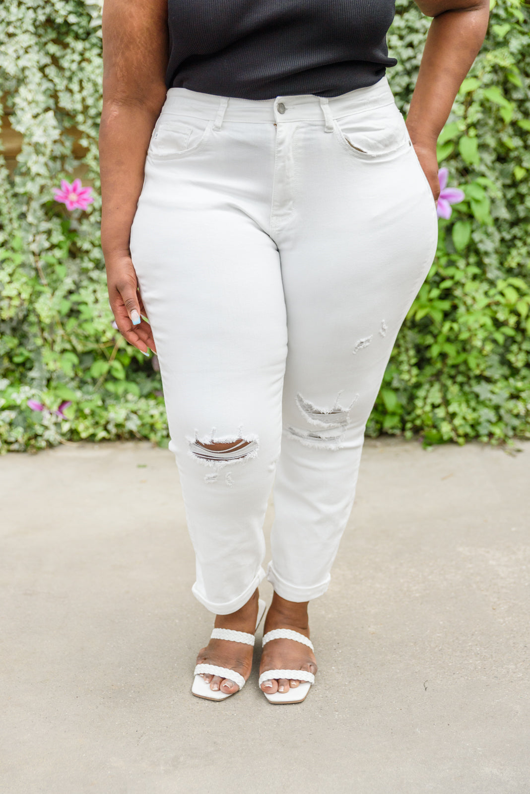 Victoria Mid-Rise Boyfriend Destroyed White Jeans - Judy Blue - Shop All Around Divas