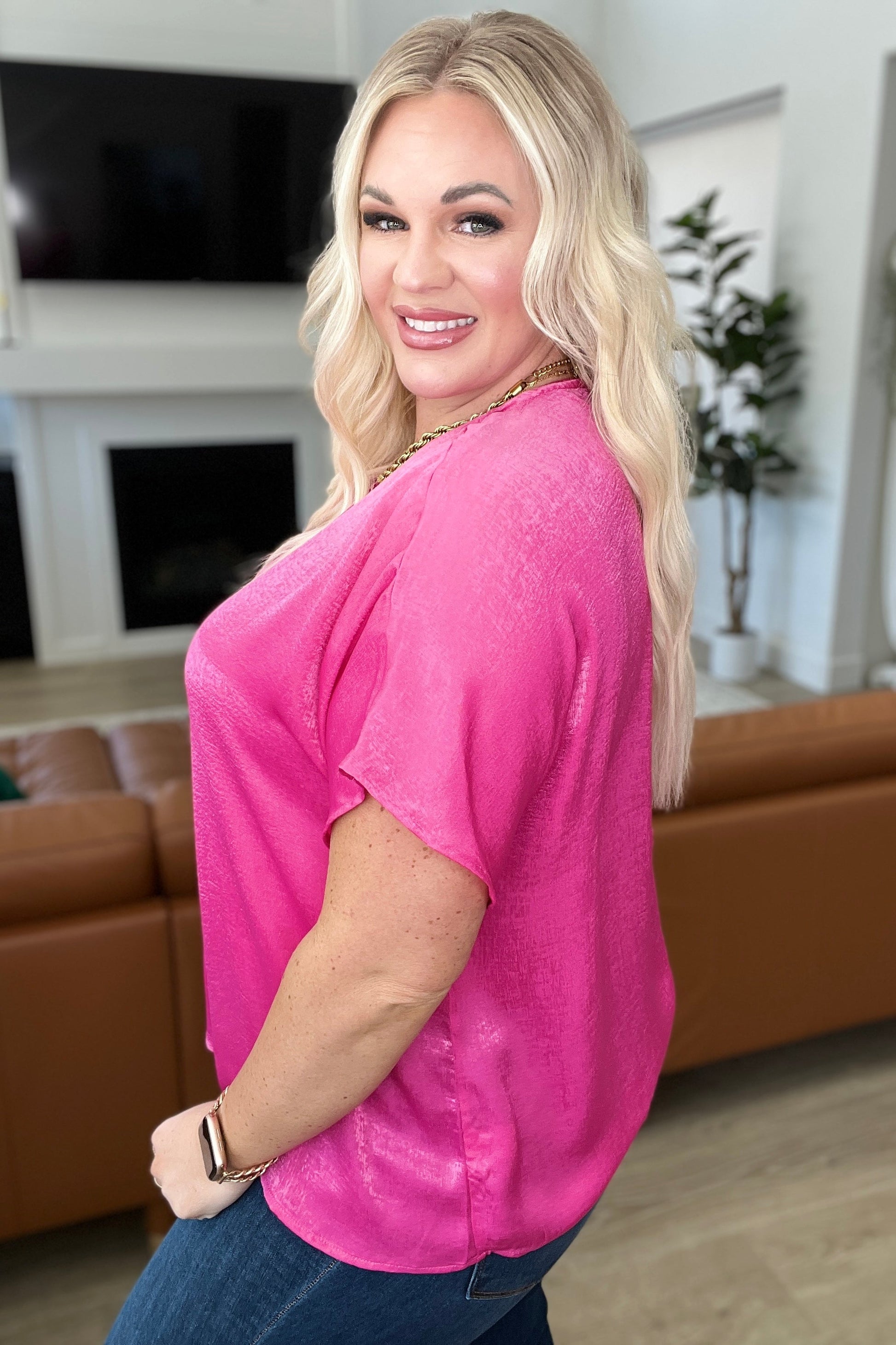 Pleat Front V-Neck Top in Hot Pink - Shop All Around Divas