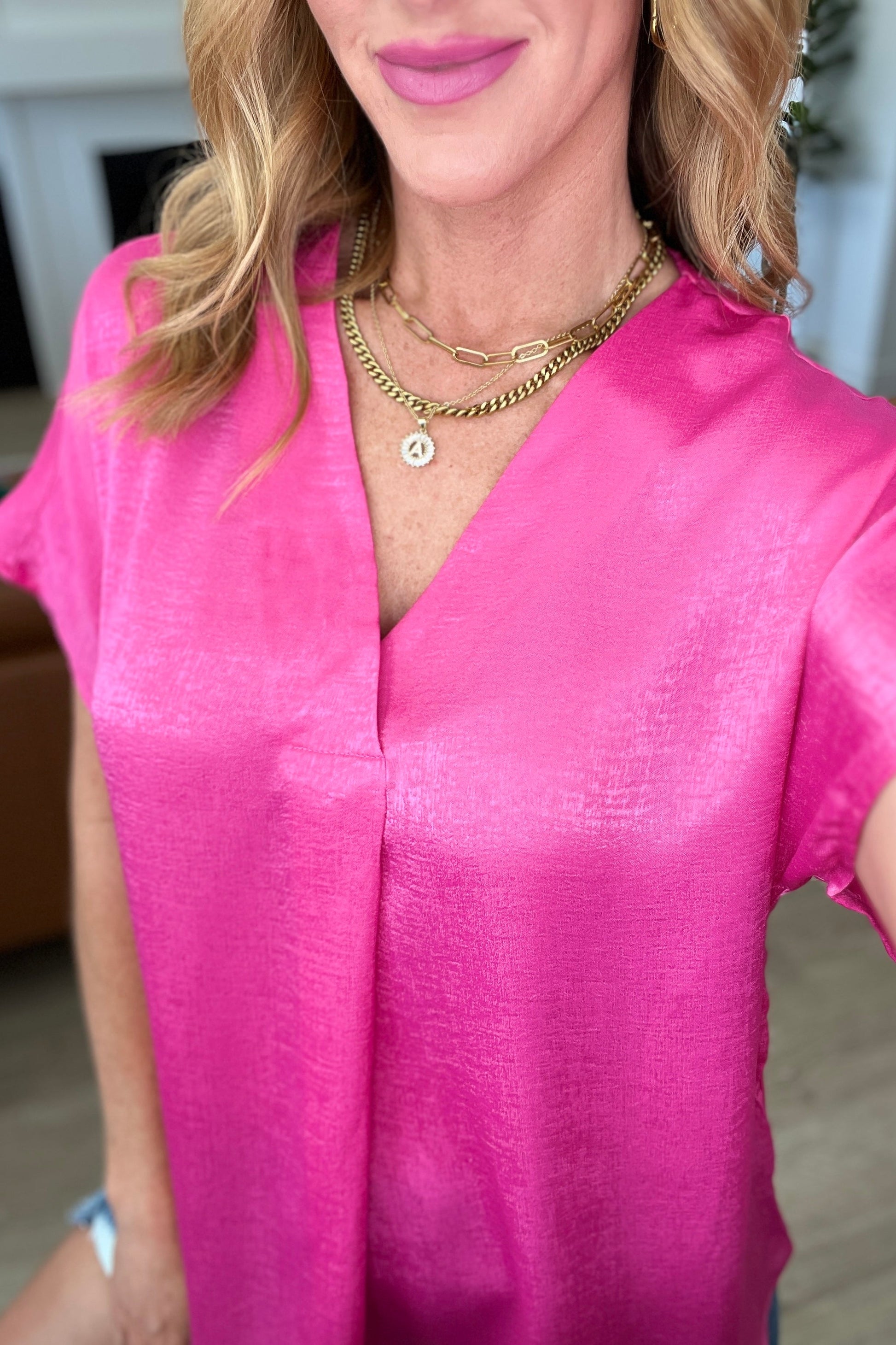 Pleat Front V-Neck Top in Hot Pink - Shop All Around Divas