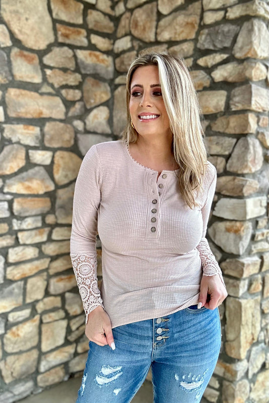 Beige Crochet Lace Hem Sleeve Button Top - Shop All Around Divas