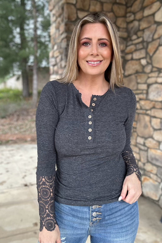 Dark Grey Crochet Lace Hem Sleeve Button Top - Shop All Around Divas