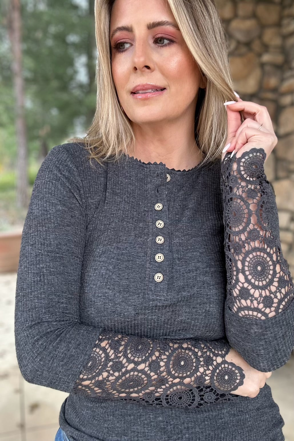 Dark Grey Crochet Lace Hem Sleeve Button Top