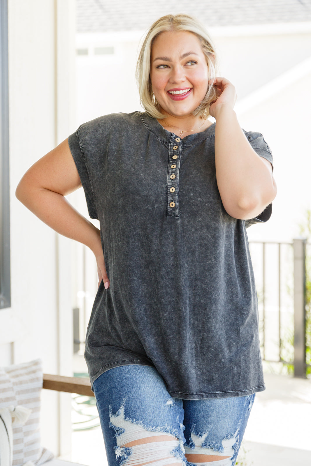 She's Alright Mineral Wash Sleeveless Henley - Shop All Around Divas