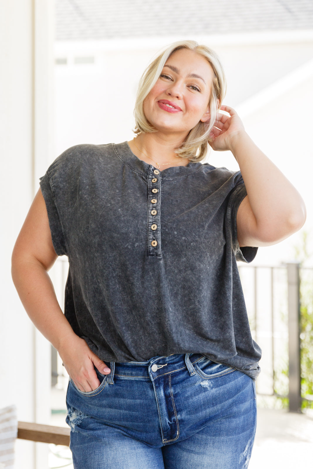 She's Alright Mineral Wash Sleeveless Henley - Shop All Around Divas