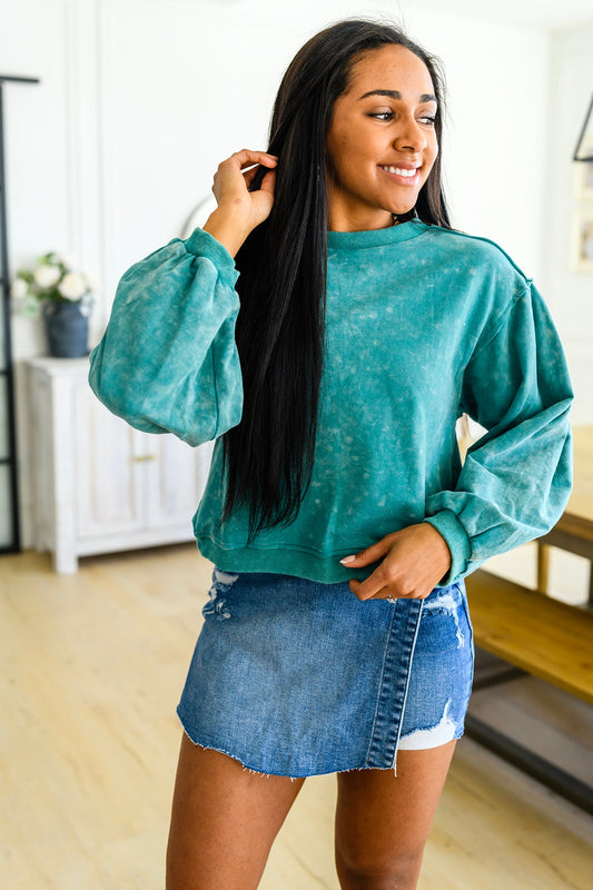 Tied Up In Cuteness Mineral Wash Sweater in Teal - Shop All Around Divas