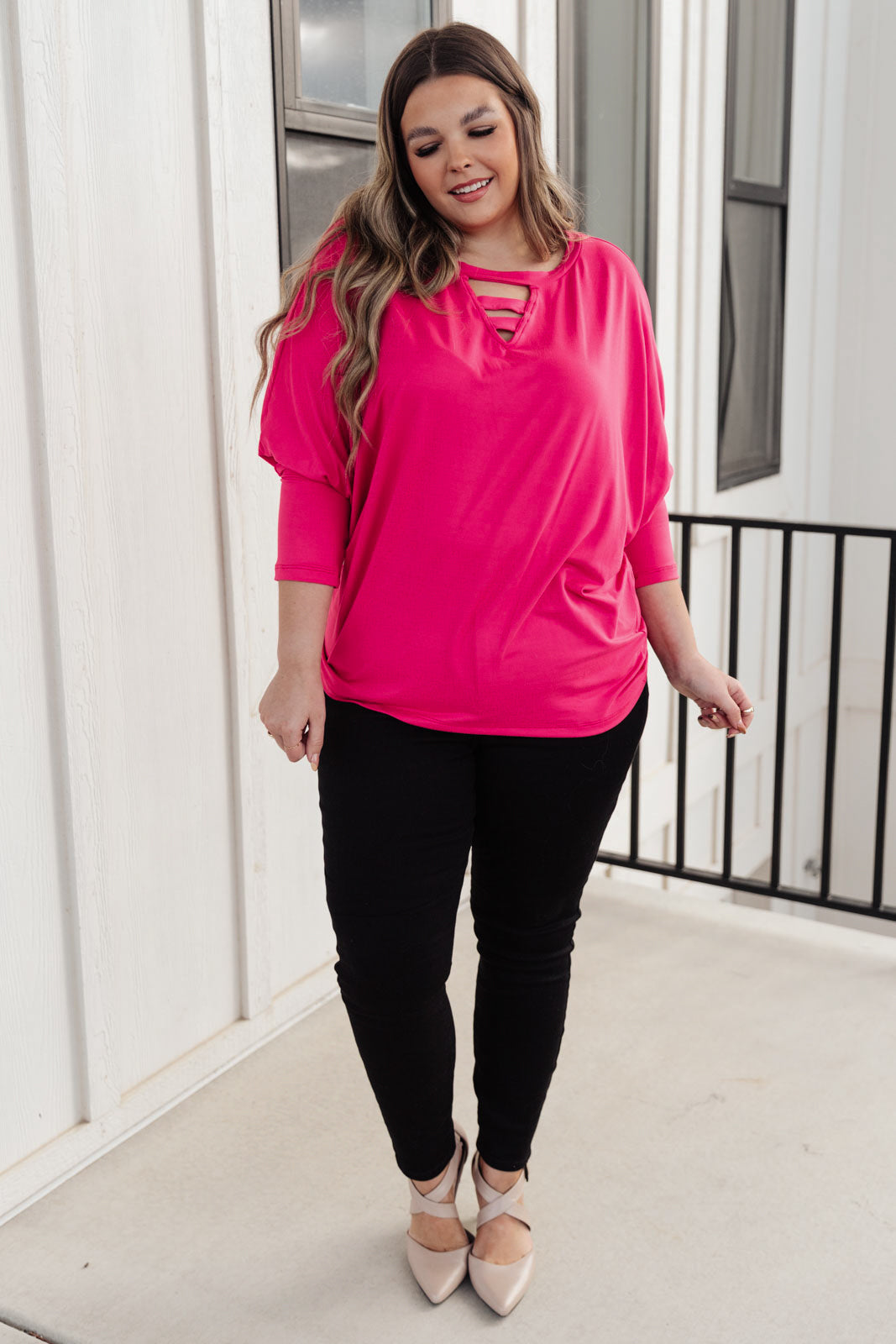 Lovely Ladder V Neck Top in Pink - Shop All Around Divas