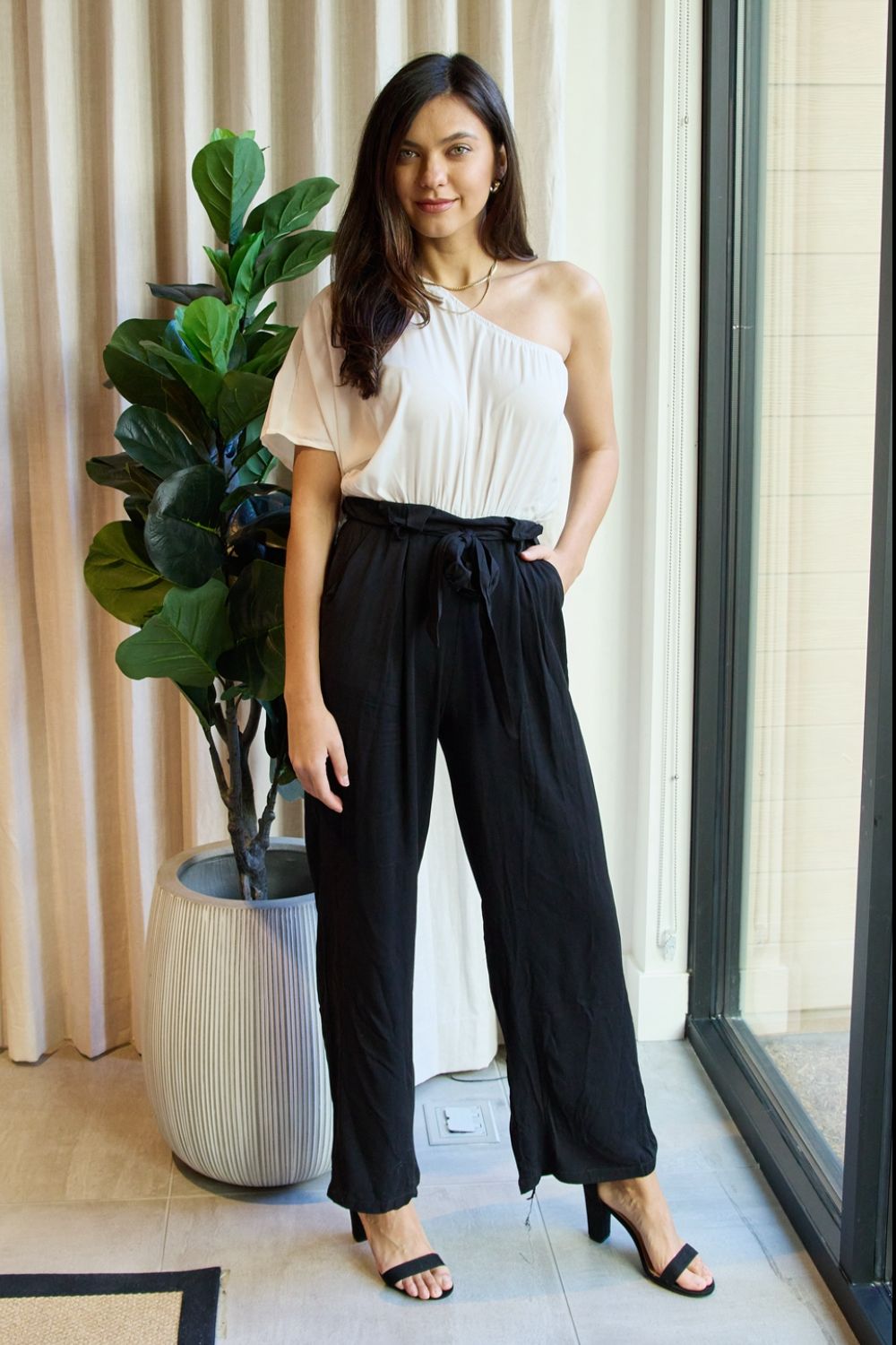 Marvelous in Manhattan One-Shoulder Jumpsuit in White/Black - Shop All Around Divas