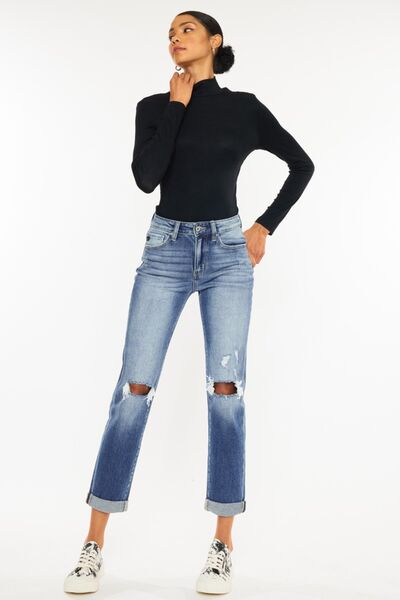 Kancan High Waist Distressed Hem Detail Cropped Straight Jeans - Shop All Around Divas