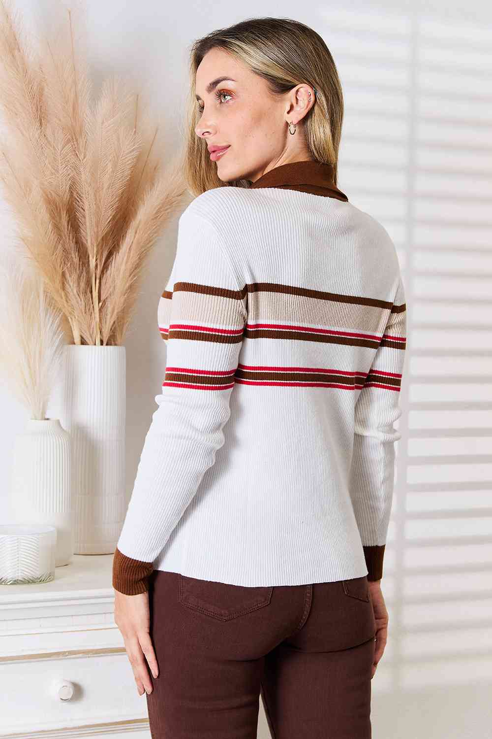 Basic Bae Striped Collared Neck Rib-Knit Top - Shop All Around Divas