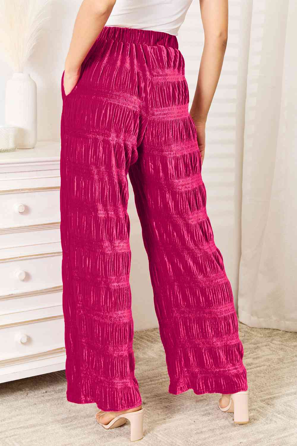 Double Take Full Size High Waist Tiered Shirring Velvet Wide Leg Pants - Shop All Around Divas