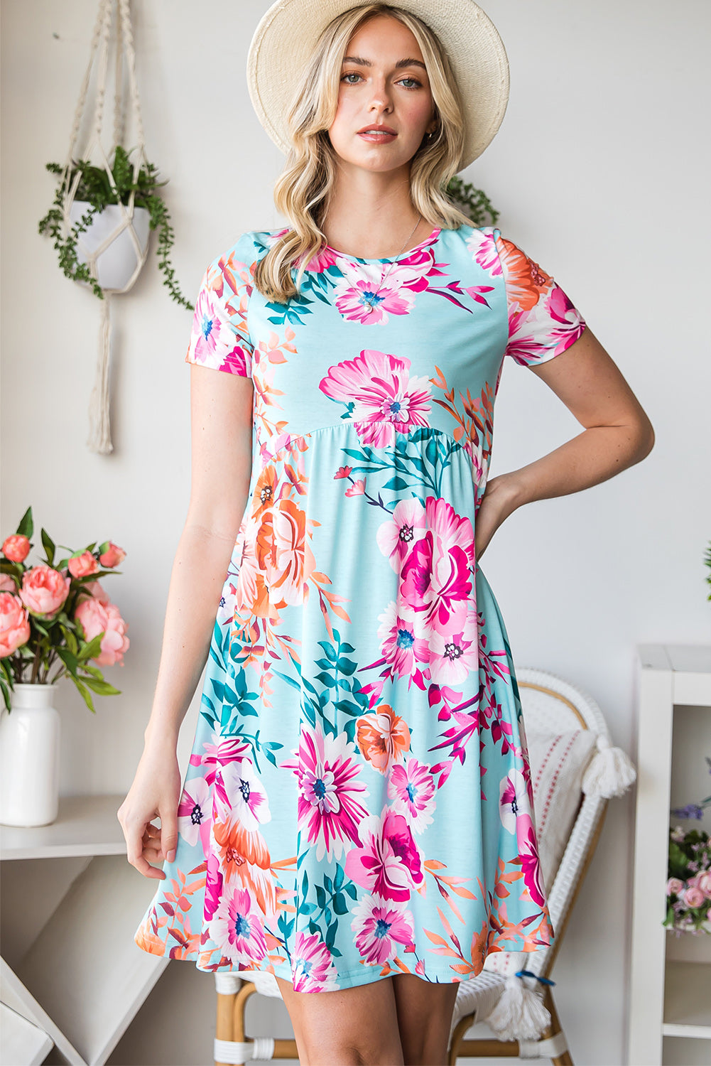 Floral Round Neck Short Sleeve Mini Dress - Shop All Around Divas