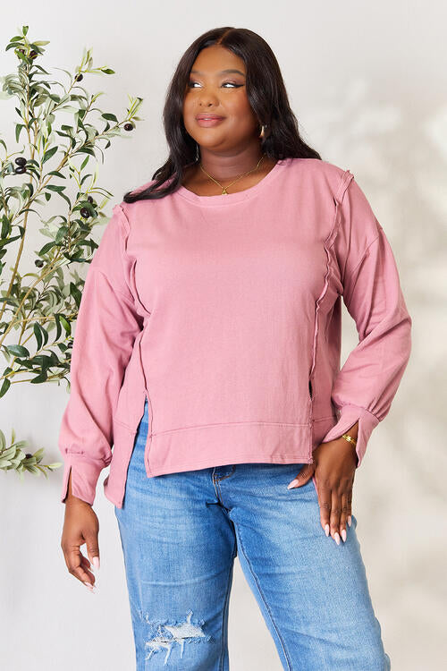 Culture Code Full Size Round Neck Exposed Seam Slit Top - Shop All Around Divas