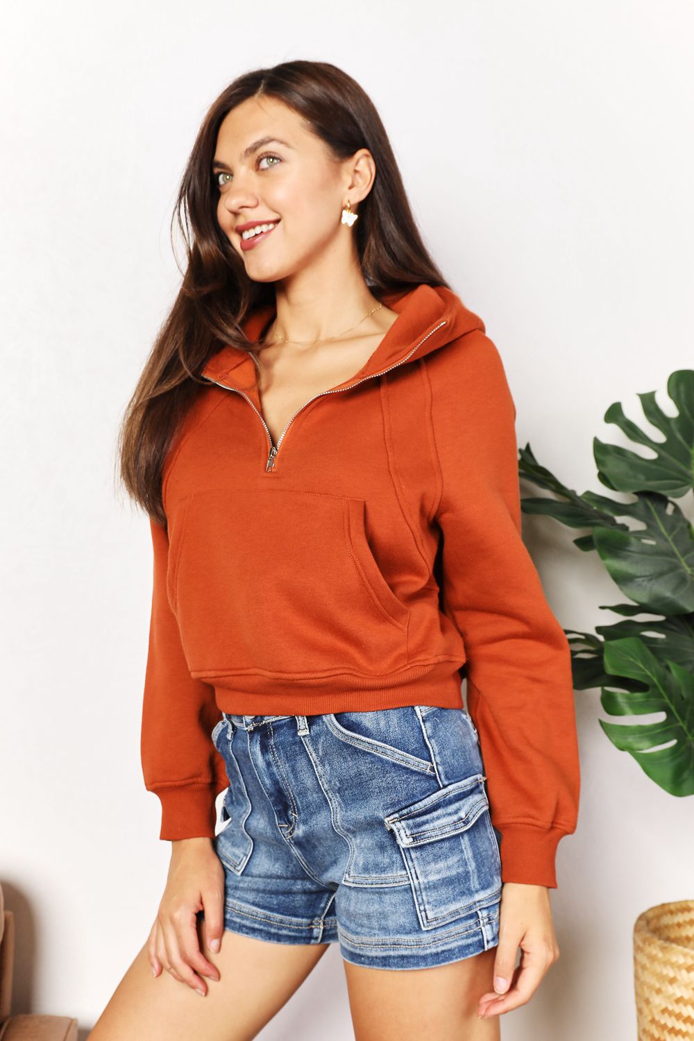 Double Take Half-Zip Long Sleeve Hoodie - Shop All Around Divas