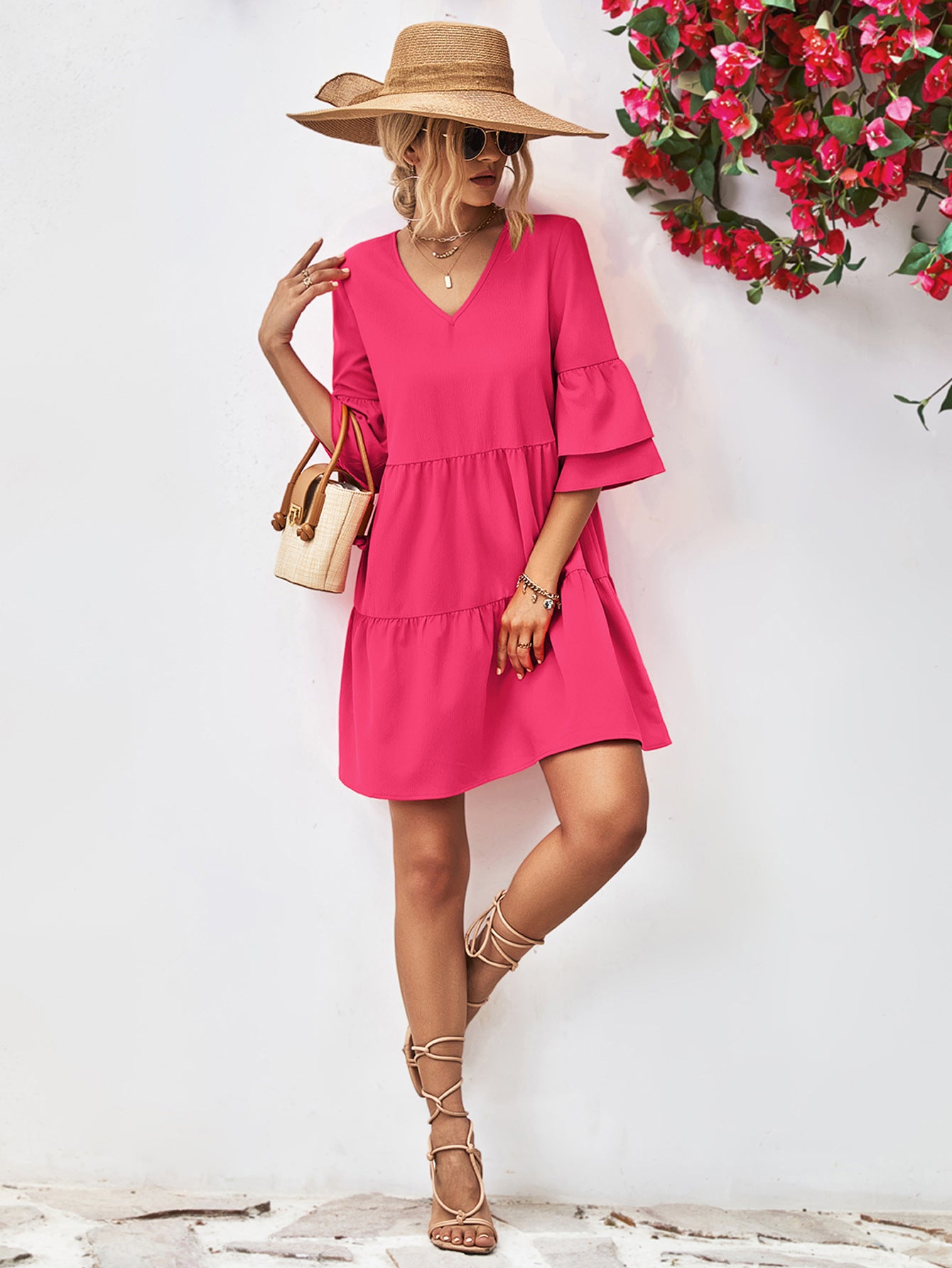 V-Neck Flare Sleeve Mini Dress - 2 Colors - Shop All Around Divas